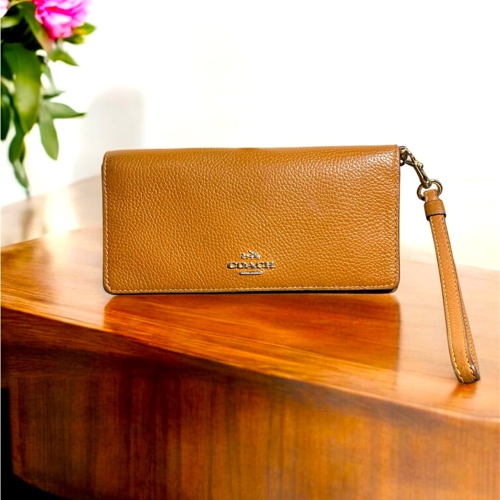 Coach Tan Leather Wristlet Wallet with Metal Logo